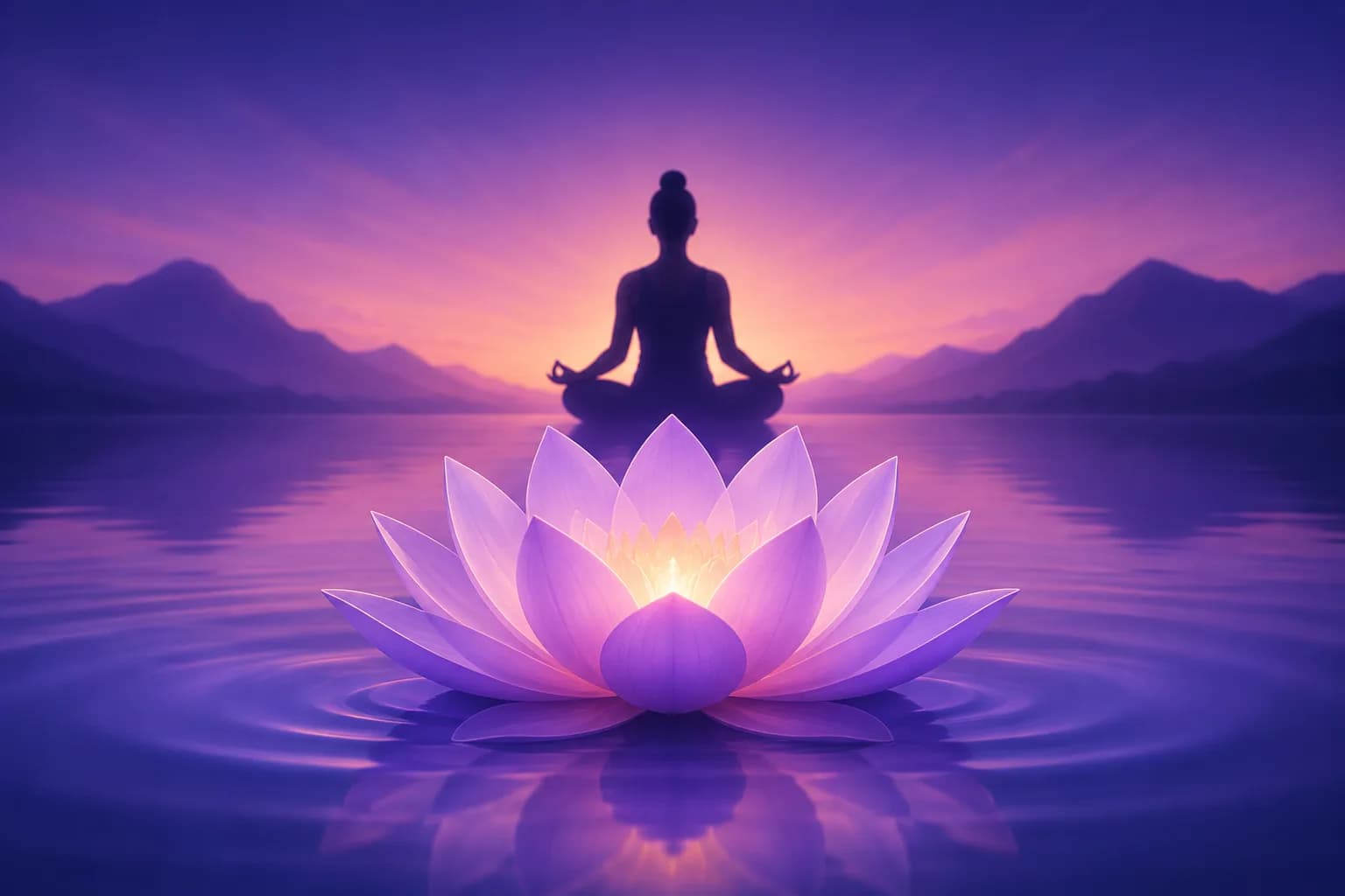 A silhouette meditating at sunset beside a glowing lotus